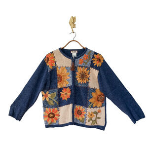 VTG Tiara Sunflower Bead knit Cardigan Sweater L Cottagecore Whimsy Farm Granny